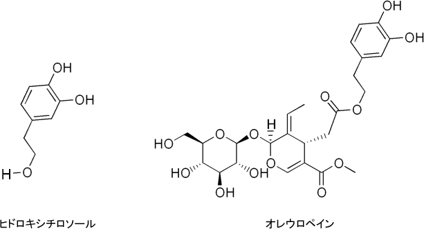 図1. ヒドロキシチロソールとオレウロペインの構造式
